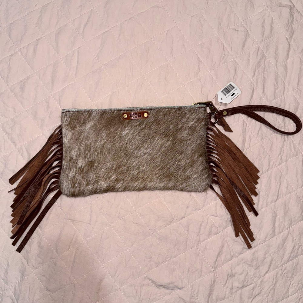 NWT Wild Goose Large Leather & Cowhide Fringe Wristlet